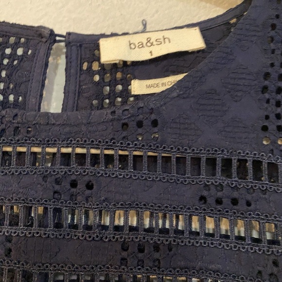 ba&sh Blouse Size Small Navy Blue Bell 3/4 Sleeve Women's Gianna Lace Eyelet - Picture 8 of 8